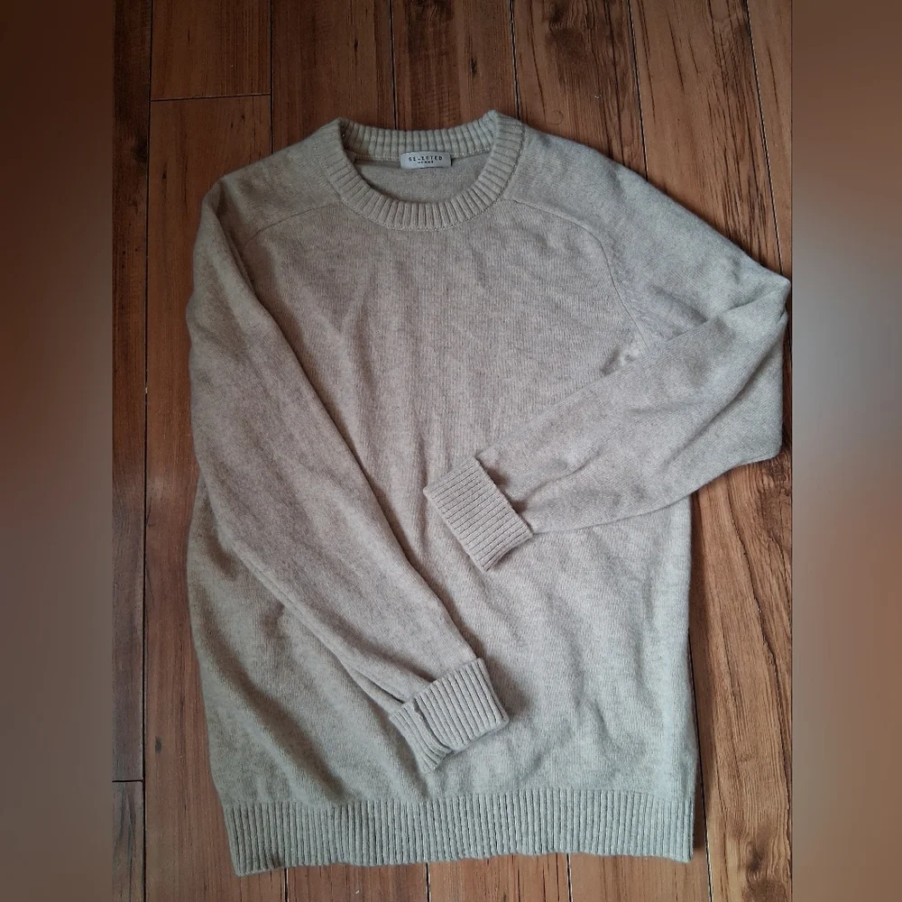 Selected Homme- 100% Lambs Wool Men's Crewneck Sweater in Beige Size Large - Picture 1 of 9